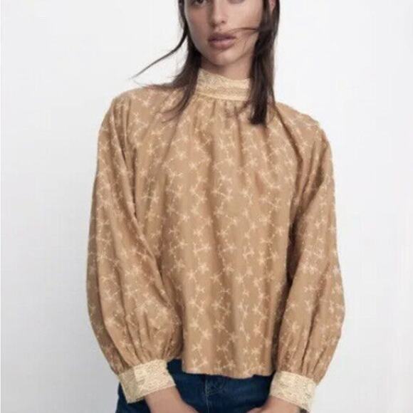 Zara Womens Peasant Embroidered Cottagecore‎ Prairie Mock Neck Blouse Size XS - Picture 1 of 8